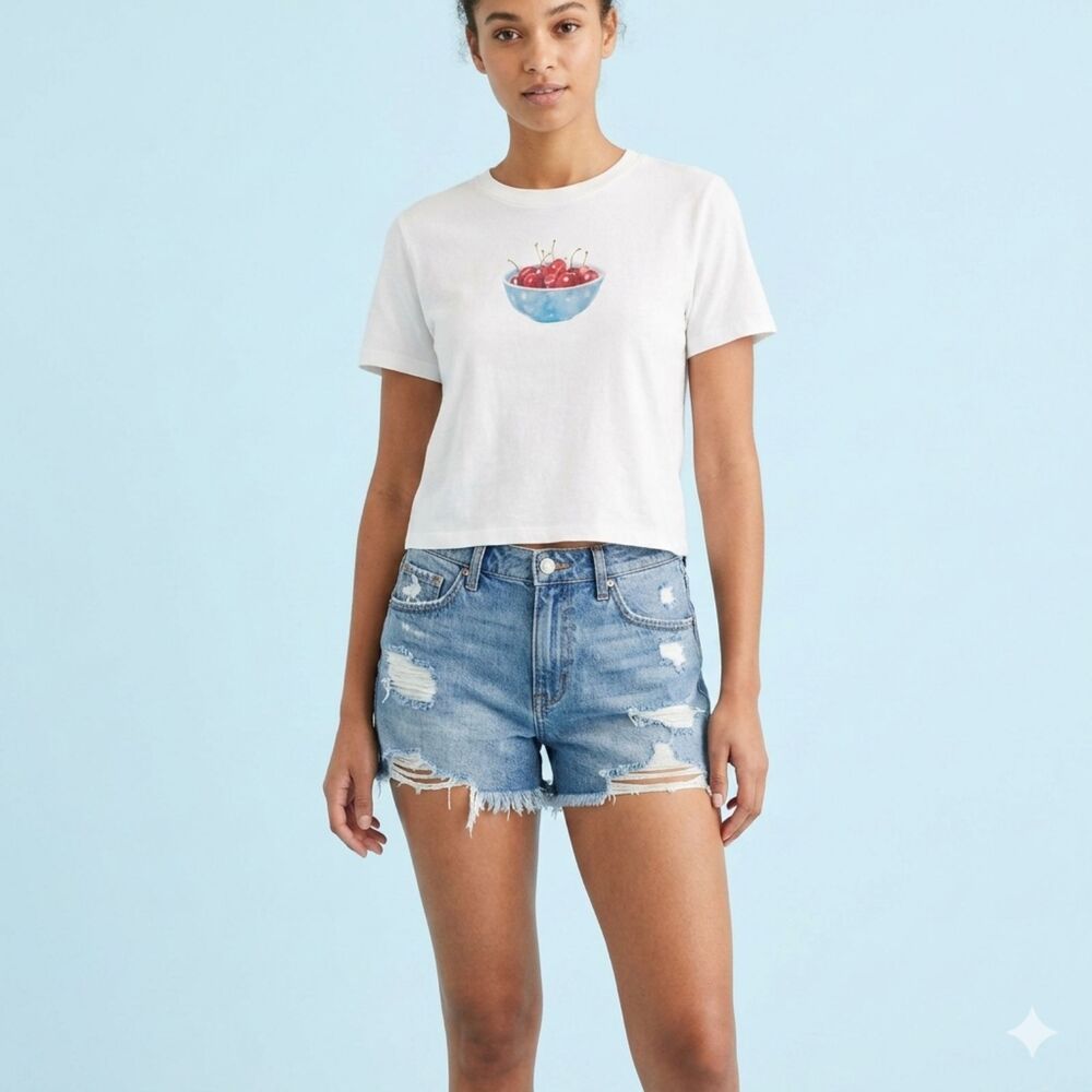 Graphic Cherry Bowl Print Short Sleeve Crew Neck Cropped T-Shirt. Size S